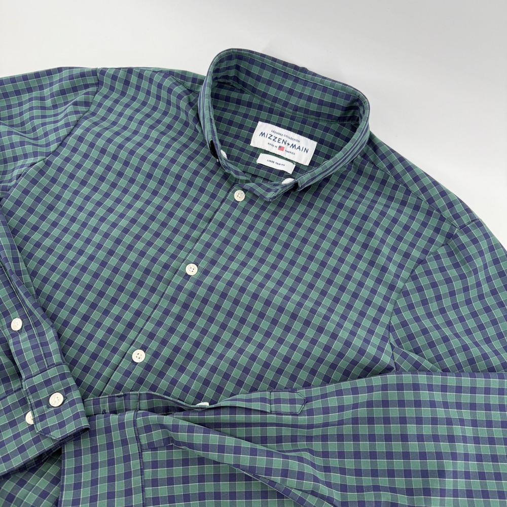 Mizzen+Main Leeward Dress Shirt Mens Large Trim Fit Green Navy Gingham Check